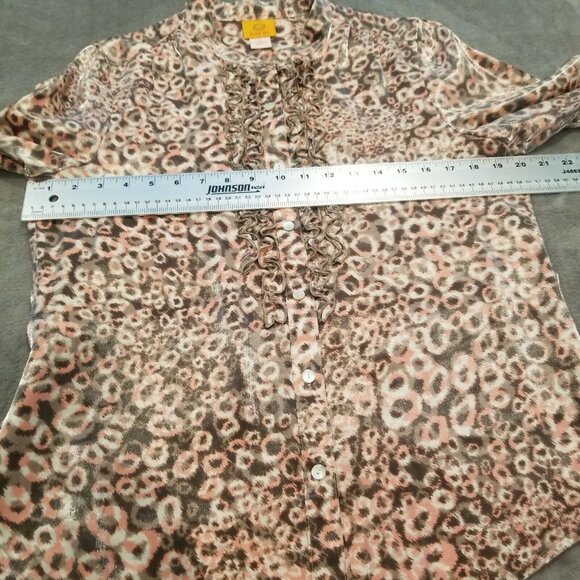 Ruby Rd Women’s Animal Print Pink Ruffle Blouse Top Size 10 Roll Tab Sleeve Gray - Picture 8 of 8